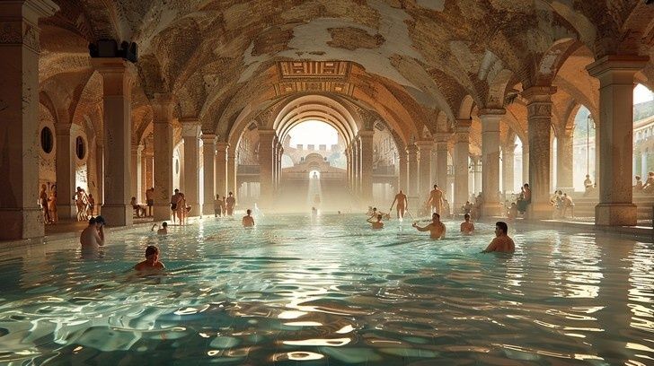 Historisches Hallenbad mit Badegästen unter reich verzierten Gewölben