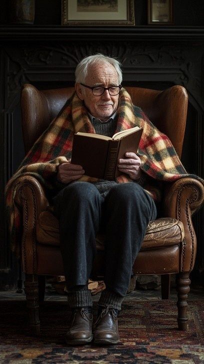 Älterer Mann liest in einem Ledersessel unter einer karierten Decke